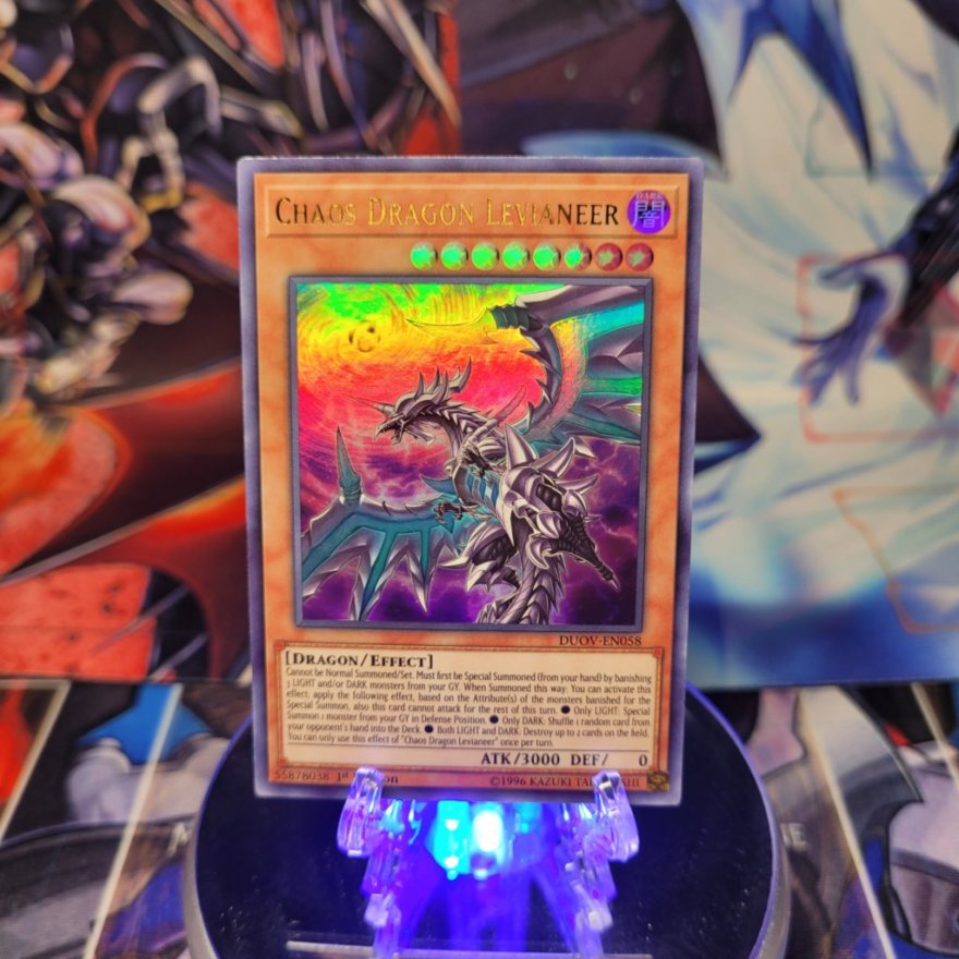 An Ultra Rare "Chaos Dragon Levianeer" card from the Yugioh Set: Duel Overload (DUOV).