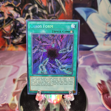 A Secret Rare "Chaos Form" card from the Yugioh Set: The Dark Side of Dimensions Movie Pack: Secret Edition.