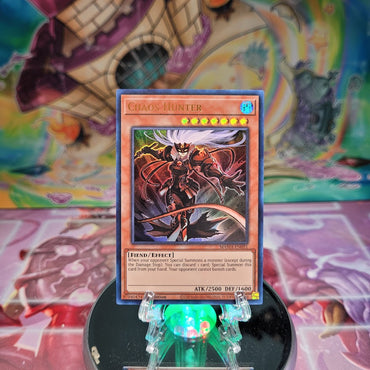 An Ultra Rare "Chaos Hunter" card from the Yugioh Set: Magnificent Mavens.