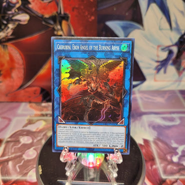 A Super Rare "Cherubini, Ebon Angel of the Burning Abyss" card from the Yugioh Set: Rarity Collection 1 (RA01).