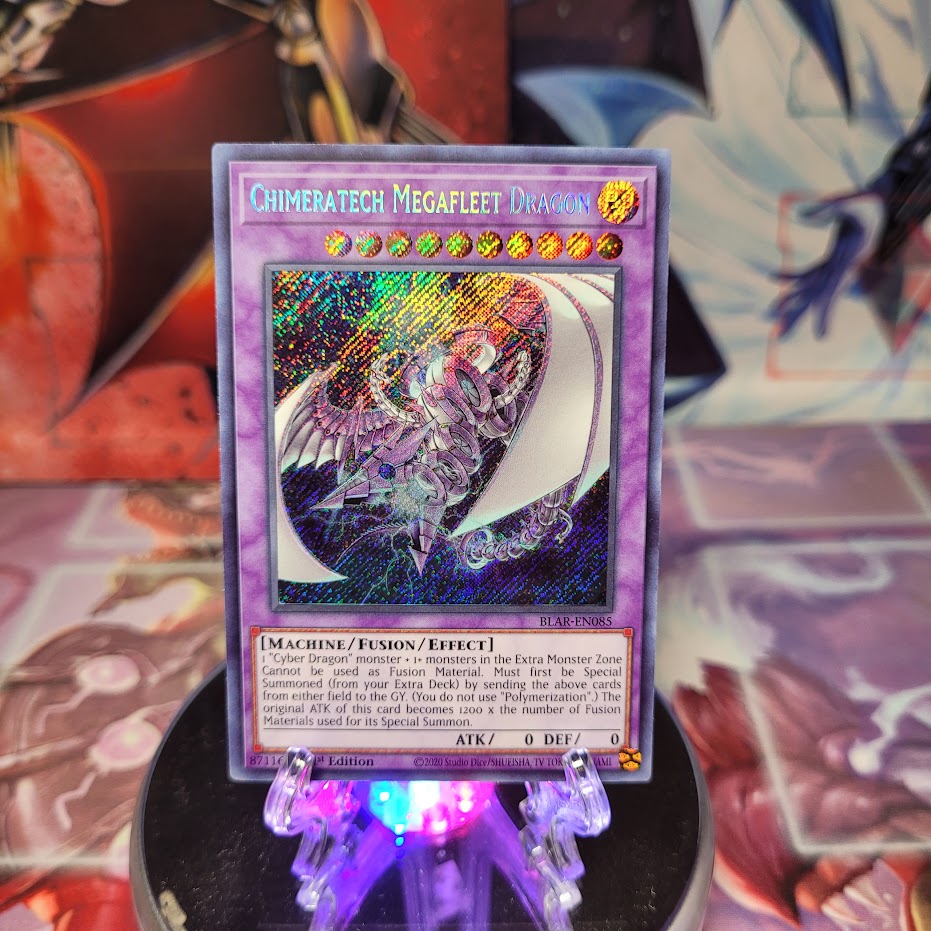 A Secret Rare "Chimeratech Megafleet Dragon" card from the Yugioh Set: Battles of Legend: Armageddon (BLAR.