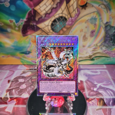 A Platinum Secret Rare "Chimeratech Overdragon" card from the Yugioh Set: Quarter Century Bonanza (RA03)