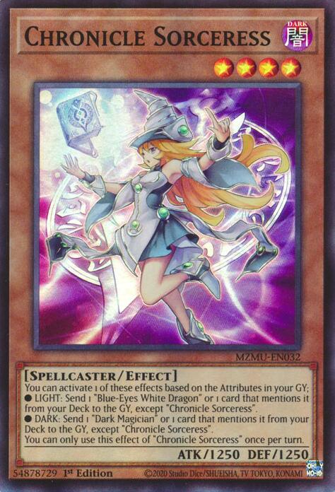 A Super Rare "Chronicle Sorceress" card from the Yugioh Set: Maze of Muertos (MZMU).