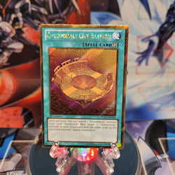 A Gold Secret Rare "Chronomaly City Babylon" card from the Yugioh Set: World Superstars.