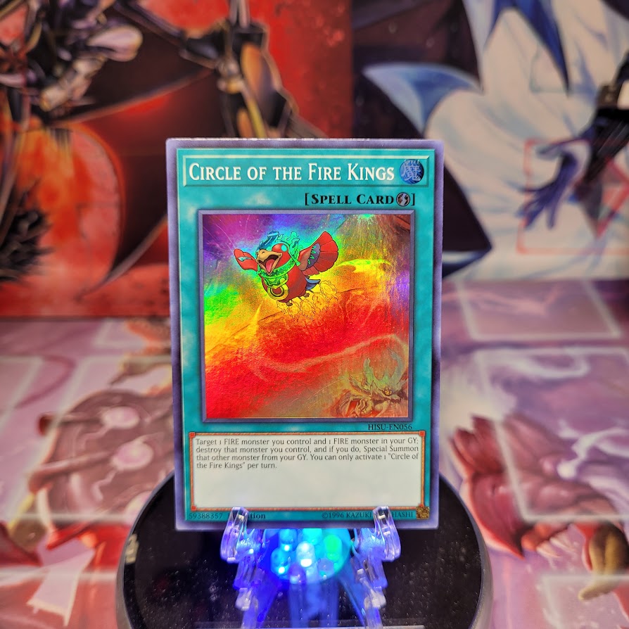 A Super Rare "Circle of the Fire Kings" card from the Yugioh Set: The Hidden Summoners (HISU).