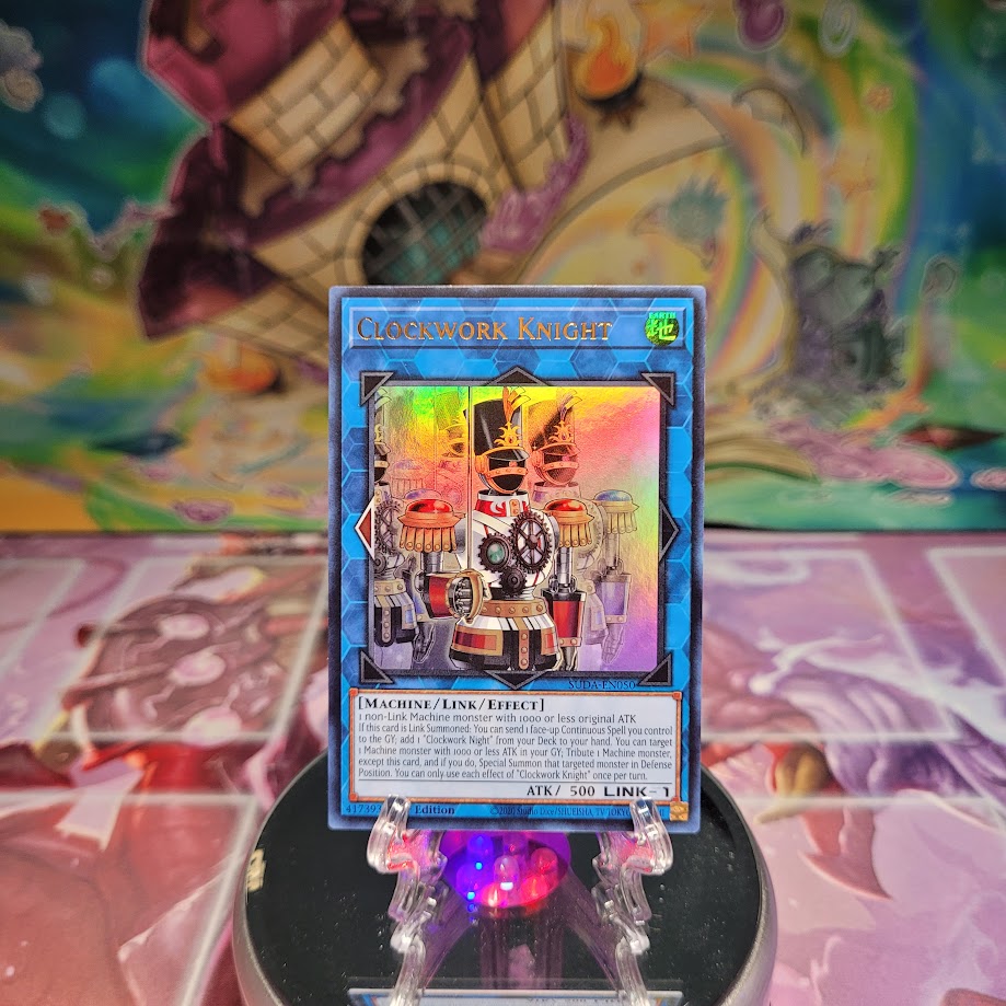 An Ultra Rare "Clockwork Knight" card from the Yugioh Set: Supreme Darkness (SUDA).