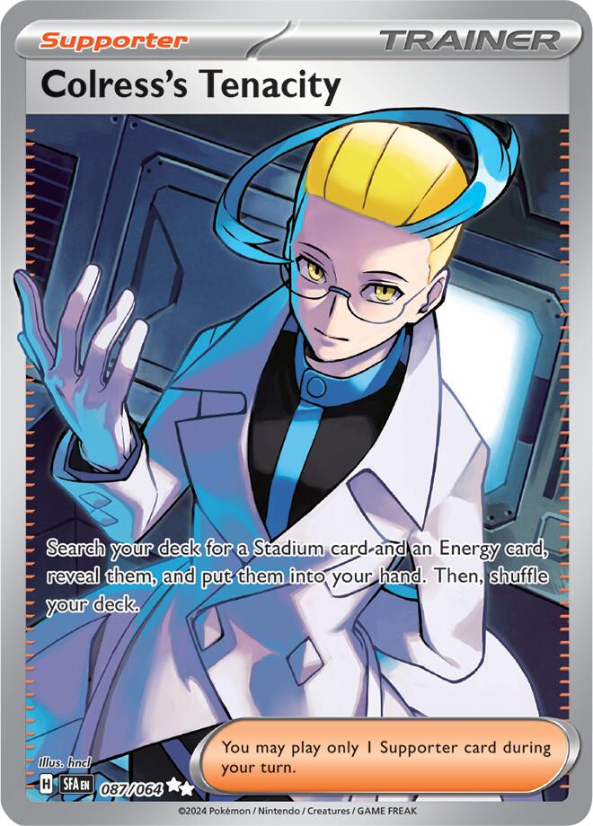 An Ultra Rare Full Art "Colress's Tenacity" (087/064) card from the Pokemon Set: Scarlet & Violet: Shrouded Fable (SFA).