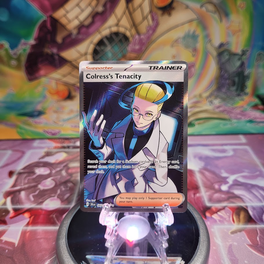 An Ultra Rare Full Art "Colress's Tenacity" (087/064) card from the Pokemon Set: Scarlet & Violet: Shrouded Fable (SFA).