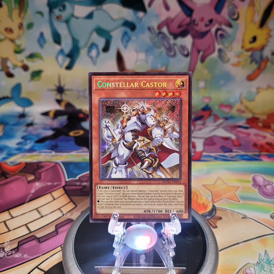 A Secret Rare "Constellar Castor" card from the Yugioh Set: Battles of Legend: Glorious Gallery (BLGG).