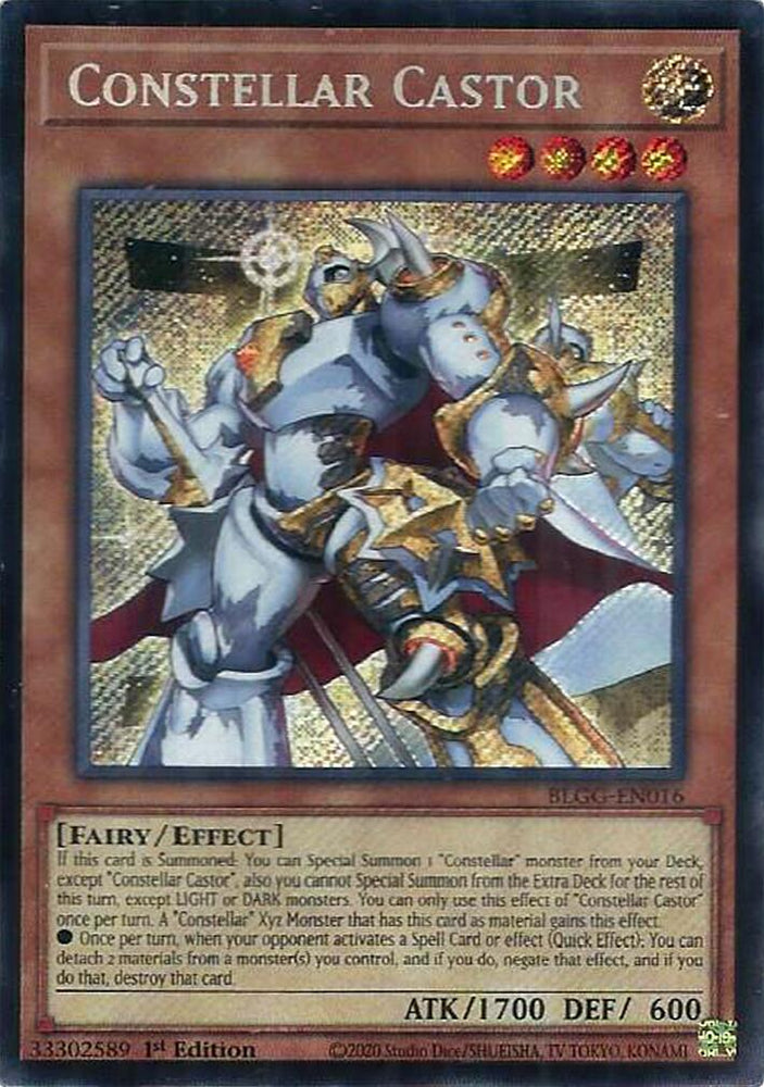 A Secret Rare "Constellar Castor" card from the Yugioh Set: Battles of Legend: Glorious Gallery (BLGG).