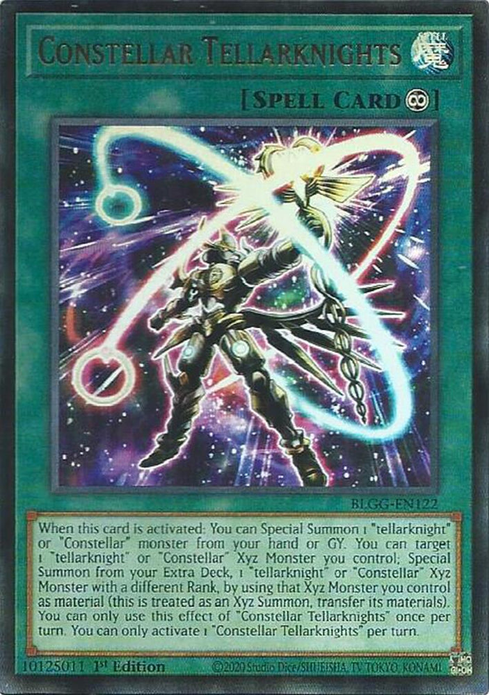 An Ultra Rare "Constellar Tellarknights" card from the Yugioh Set: Battles of Legend: Glorious Gallery (BLGG).