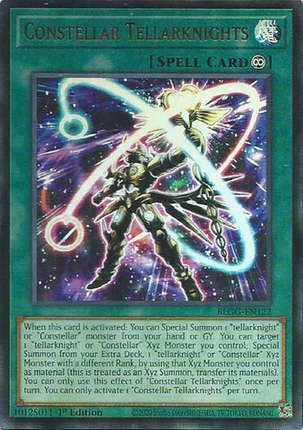 An Ultra Rare "Constellar Tellarknights" card from the Yugioh Set: Battles of Legend: Glorious Gallery (BLGG).