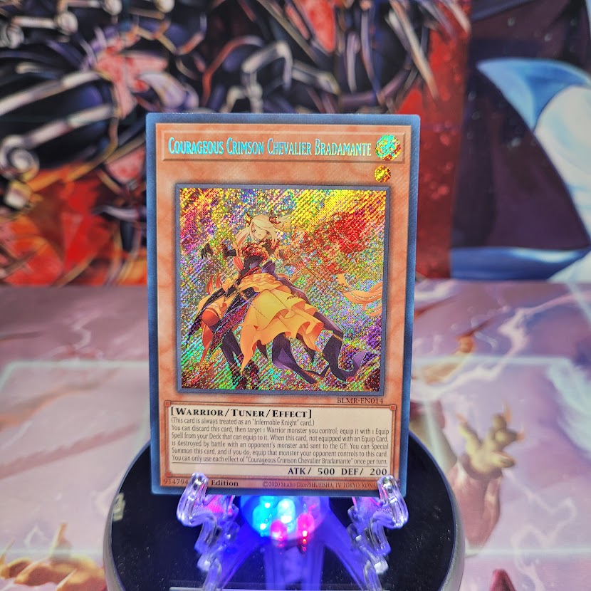 A Secret Rare "Courageous Crimson Chevalier Bradamante" card from the Yugioh Set: Battles of Legend: Monstrous Revenge.