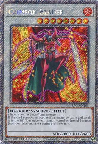 A Platinum Secret Rare "Crimson Blader" card from the Yugioh Set: Quarter Century Stampede (RA04).