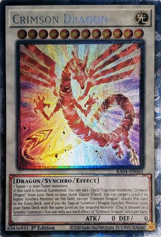 A Prismatic Collector's Rare "Crimson Dragon" card from the Yugioh Set: Quarter Century Stampede (RA04).