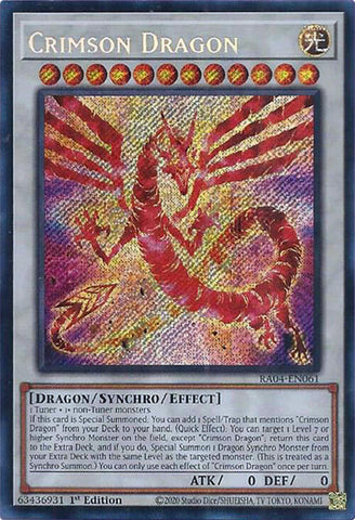 A Secret Rare "Crimson Dragon" card from the Yugioh Set: Quarter Century Stampede (RA04).