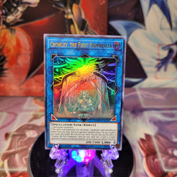 An Ultra Rare "Crowley, the First Propheseer" card from the Yugioh Set: Duel Power.