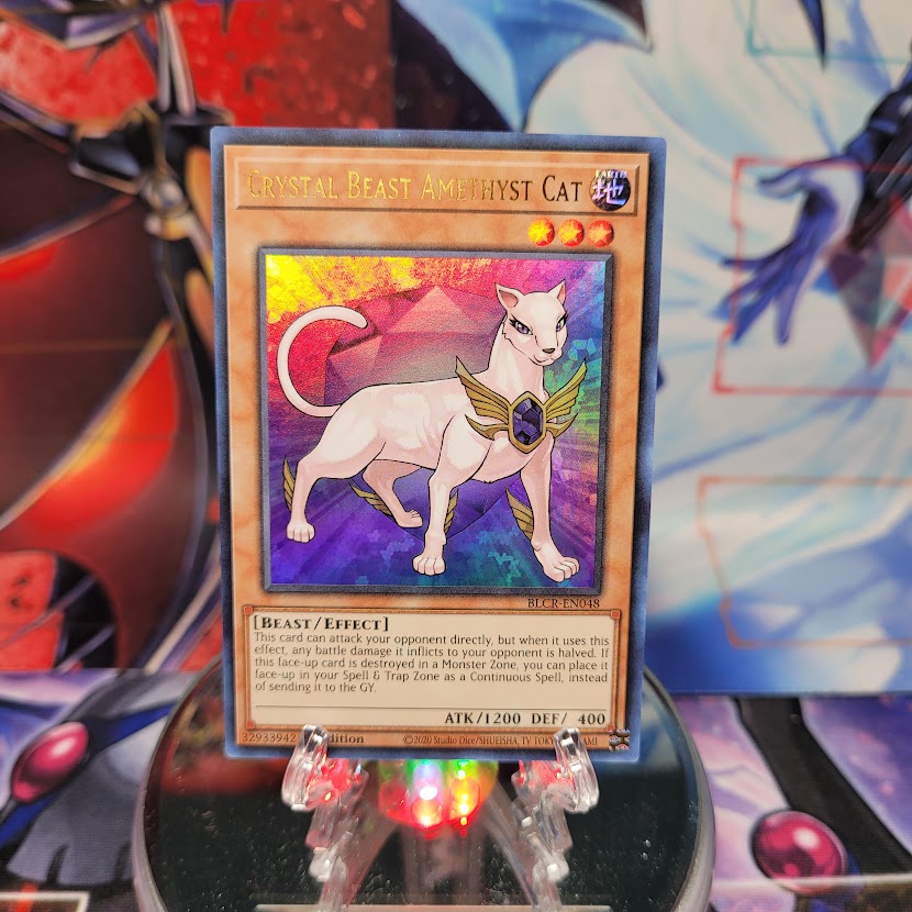 An Ultra Rare "Crystal Beast Amethyst Cat" card from the Yugioh Set: Battles of Legend: Crystal Revenge.