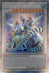 A Platinum Secret Rare "Crystal Clear Wing Synchro Dragon" card from the Yugioh Set: Quarter Century Stampede (RA04).