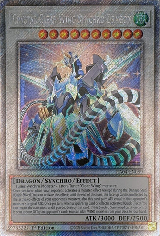 A Platinum Secret Rare "Crystal Clear Wing Synchro Dragon" card from the Yugioh Set: Quarter Century Stampede (RA04).