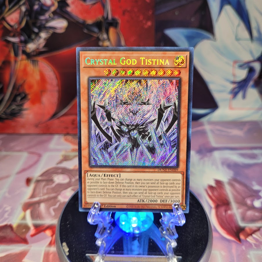 A Secret Rare "Crystal God Tistina" card from the Yugioh Set: Duelist Nexus. 