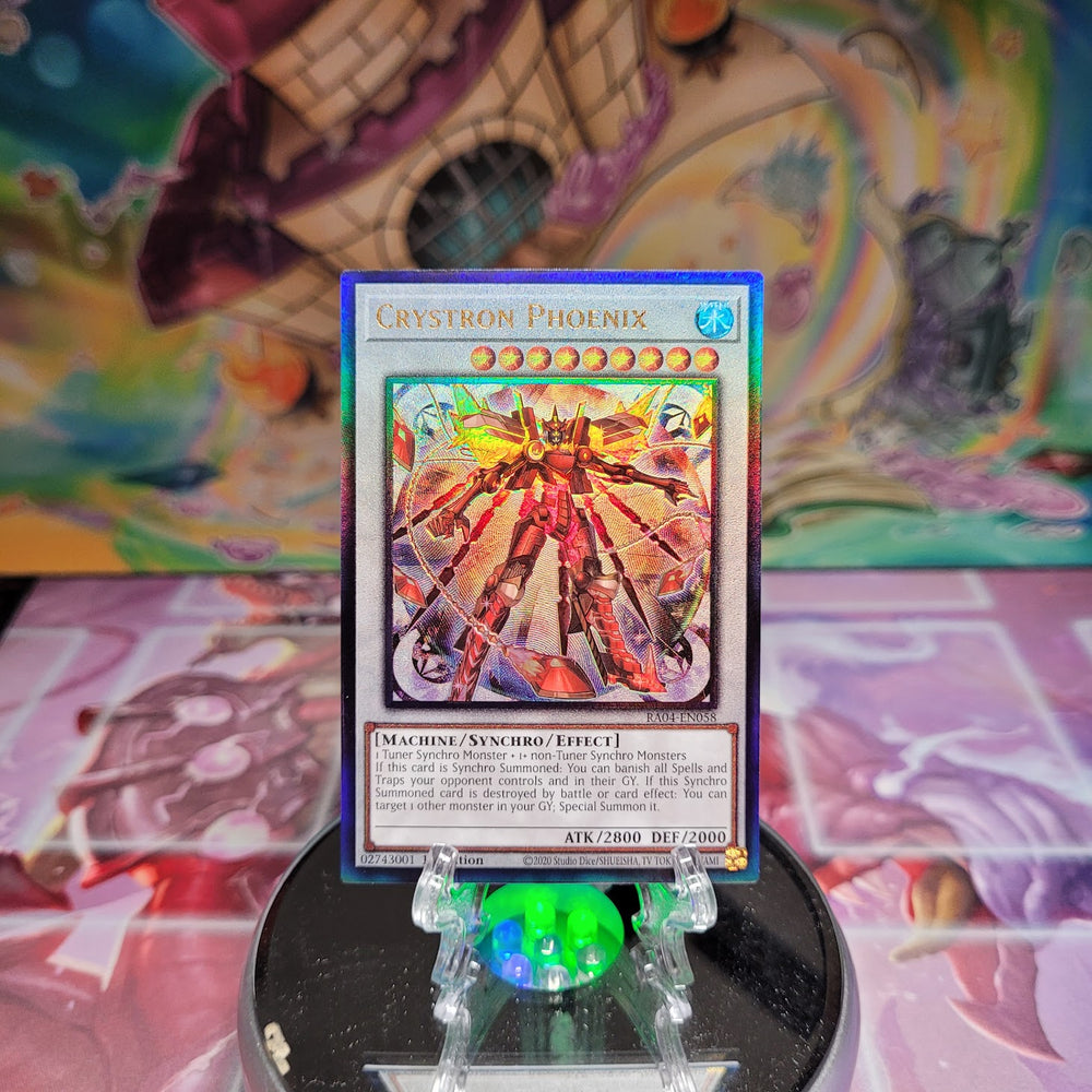 A Prismatic Ultimate Rare "Crystron Phoenix" card from the Yugioh Set: Quarter Century Stampede (RA04).