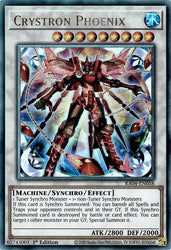 A Prismatic Ultimate Rare "Crystron Phoenix" card from the Yugioh Set: Quarter Century Stampede (RA04).