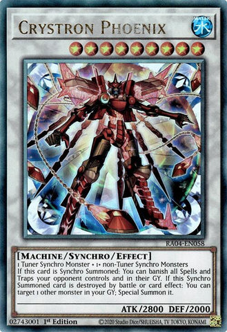 A Prismatic Ultimate Rare "Crystron Phoenix" card from the Yugioh Set: Quarter Century Stampede (RA04).