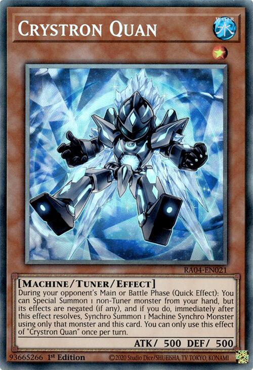 A Prismatic Collector's Rare "Crystron Quan" card from the Yugioh Set: Quarter Century Stampede (RA04).