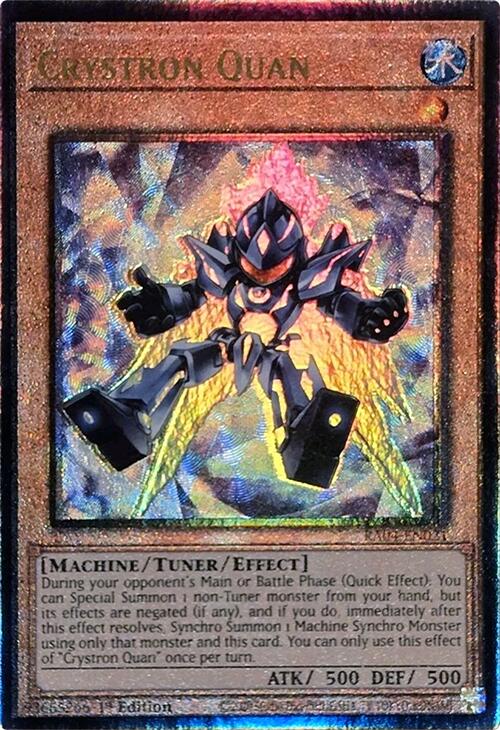 A Prismatic Ultimate Rare "Crystron Quan" card from the Yugioh Set: Quarter Century Stampede (RA04).