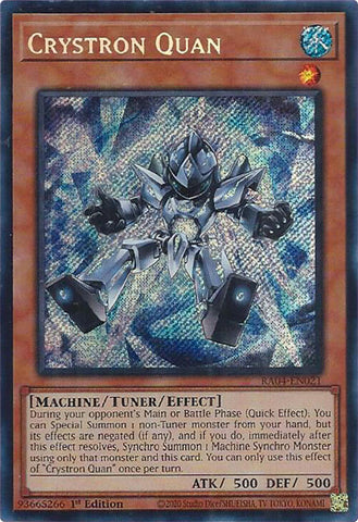 A Secret Rare "Crystron Quan" card from the Yugioh Set: Quarter Century Stampede (RA04).