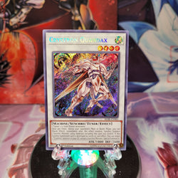 A Secret Rare "Crystron Quandax" card from the Yugioh Set: Invasion: Vengeance.