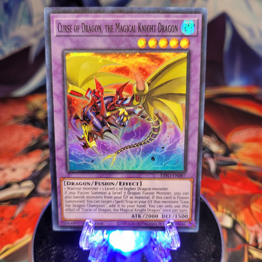  A Super Rare "Curse of Dragon, the Magical Knight Dragon" card from the Yugioh Set: Dimension Force.