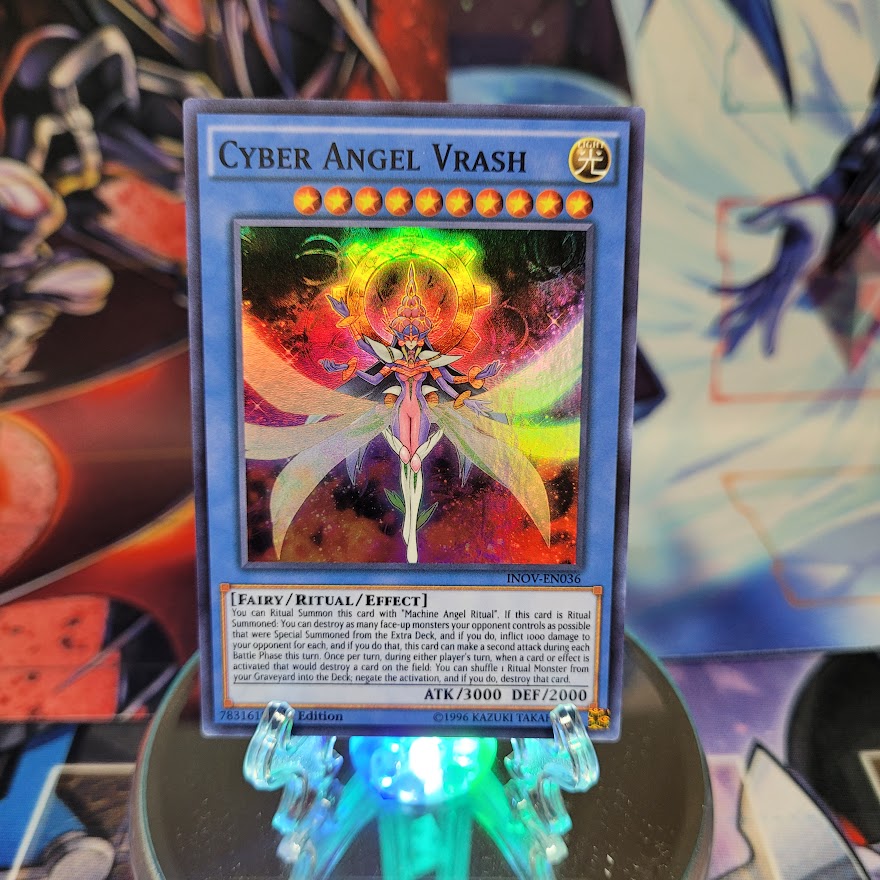  A Super Rare "Cyber Angel Vrash" card from the Yugioh Set: Invasion: Vengeance.