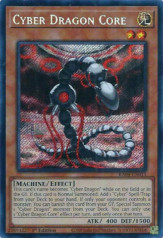 A Secret Rare "Cyber Dragon Core" card from the Yugioh Set: Quarter Century Stampede (RA04).