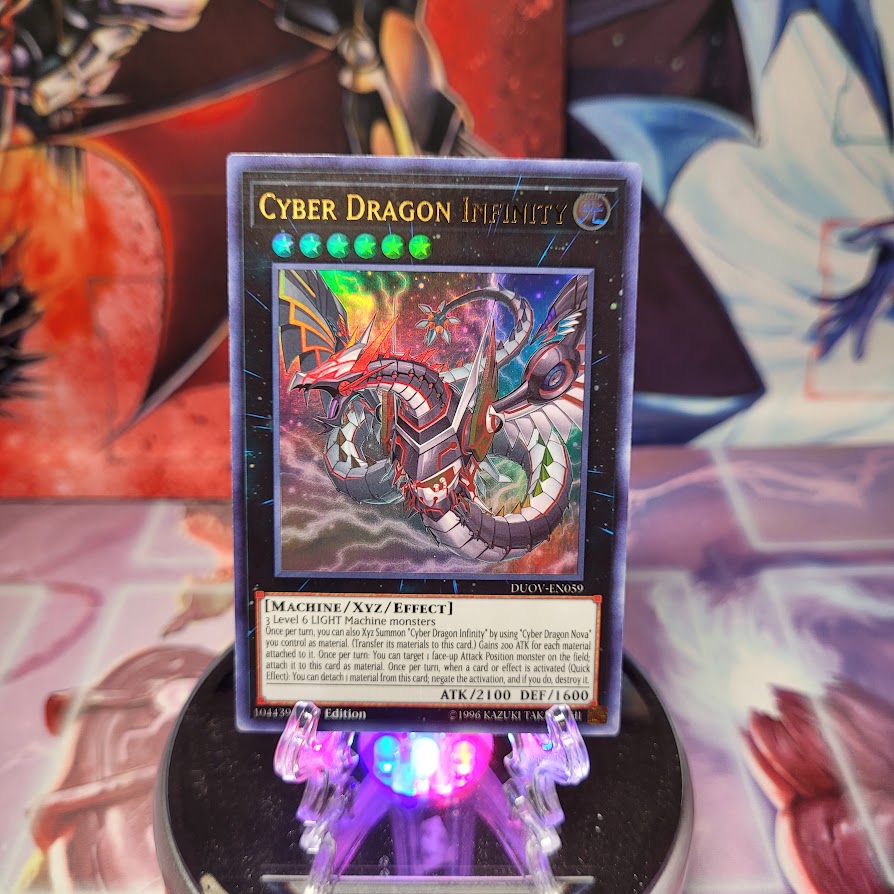 An Ultra Rare Alternate Art "Cyber Dragon Infinity" card from the Yugioh Set: Duel Overload (DUOV).