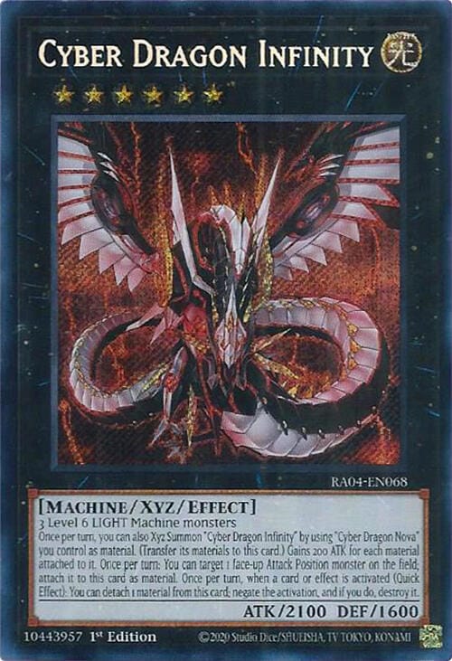 A Secret Rare "Cyber Dragon Infinity" card from the Yugioh Set: Quarter Century Stampede (RA04).