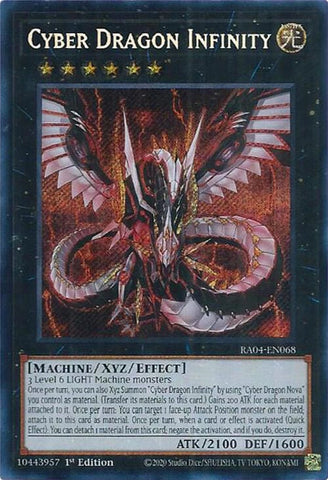 A Secret Rare "Cyber Dragon Infinity" card from the Yugioh Set: Quarter Century Stampede (RA04).