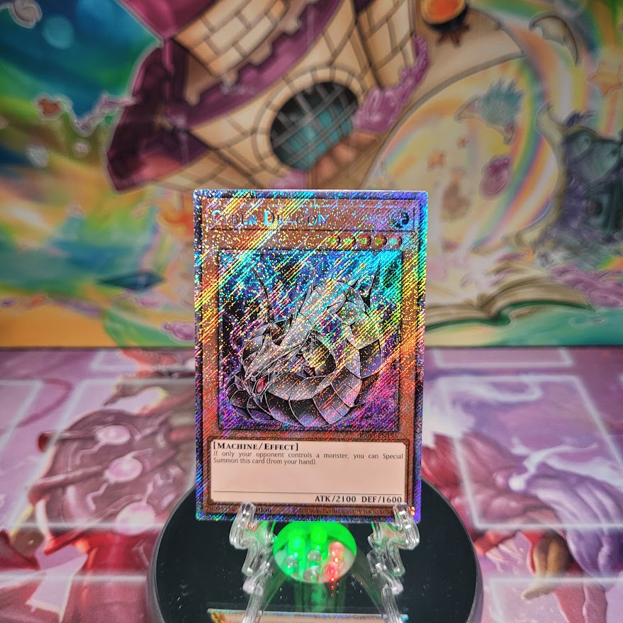 A Platinum Secret Rare "Cyber Dragon" card from the Yugioh Set: Quarter Century Bonanza (RA03).