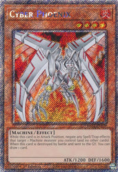 A Platinum Secret Rare "Cyber Phoenix" card from the Yugioh Set: Quarter Century Stampede (RA04).