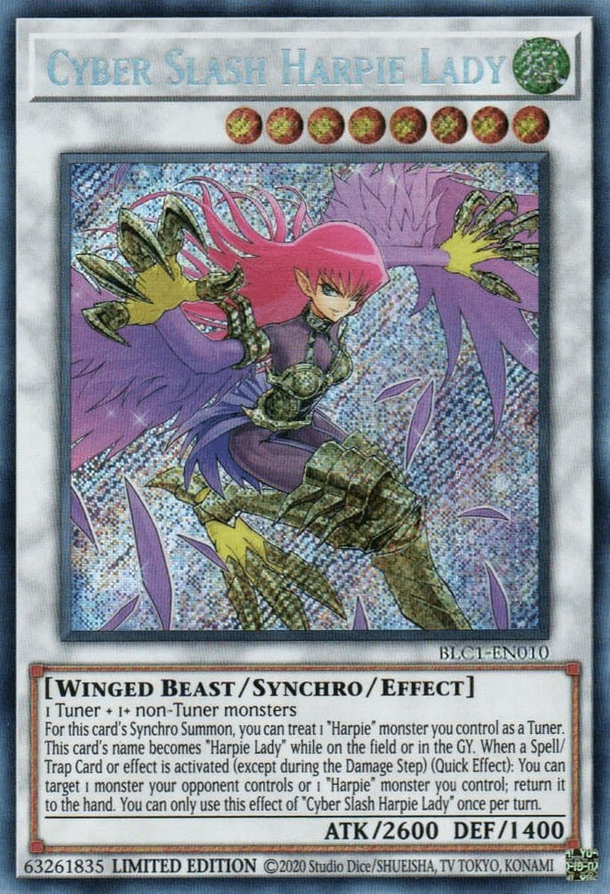 A Secret Rare "Cyber Slash Harpie Lady" card from the Yugioh Set: Battles of Legend: Chapter 1 (BLC1).