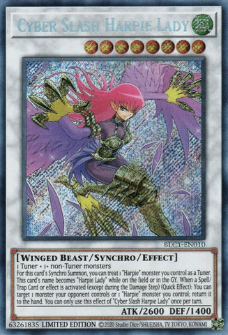 A Secret Rare "Cyber Slash Harpie Lady" card from the Yugioh Set: Battles of Legend: Chapter 1 (BLC1).