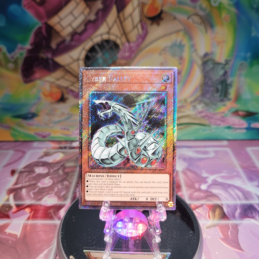 A Platinum Secret Rare "Cyber Valley" card from the Yugioh Set: Quarter Century Bonanza (RA03).