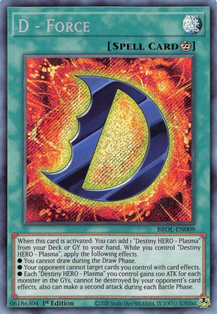 A Secret Rare "D-Force" card from the Yugioh Set: Brothers of Legend (BROL).
