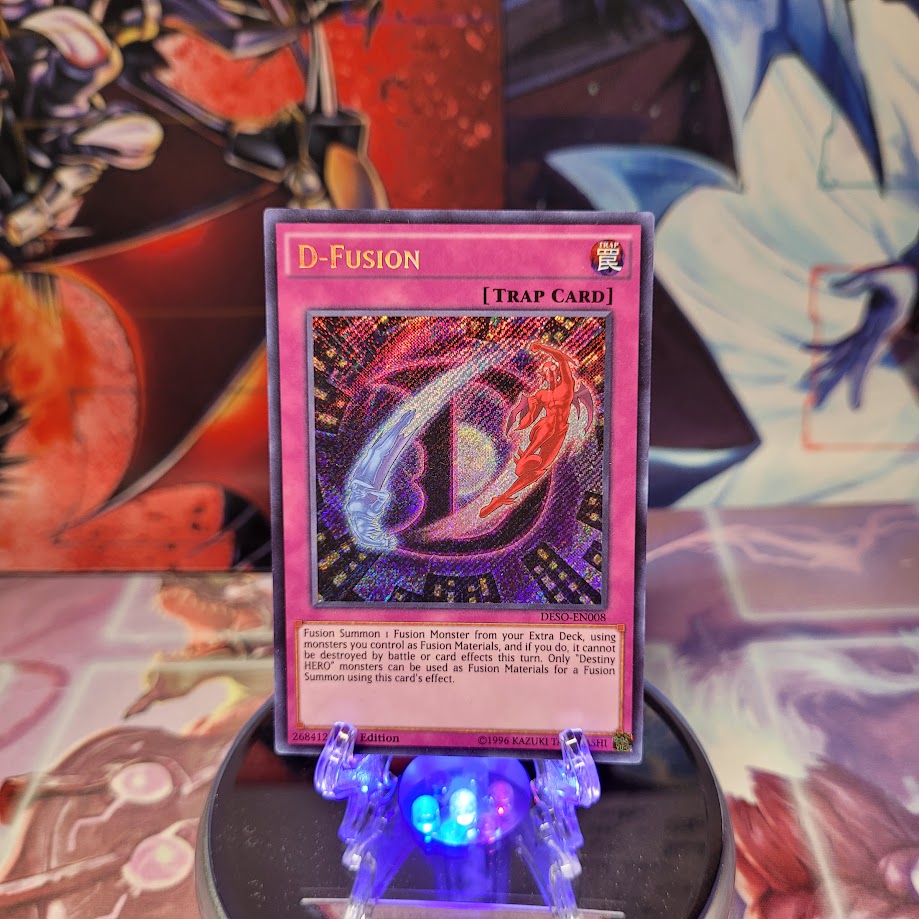 A Secret Rare "D-Fusion" card from the Yugioh Set: Destiny Soldiers.