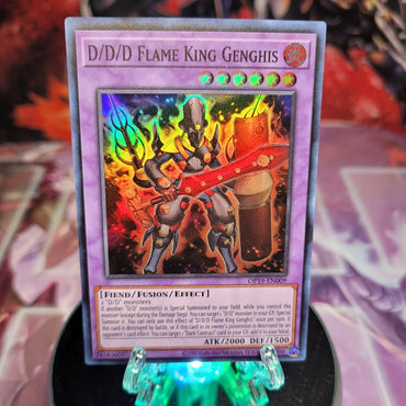 A Super Rare "D/D/D Flame King Genghis" card from the Yugioh OTS Tournament Pack 19 set.