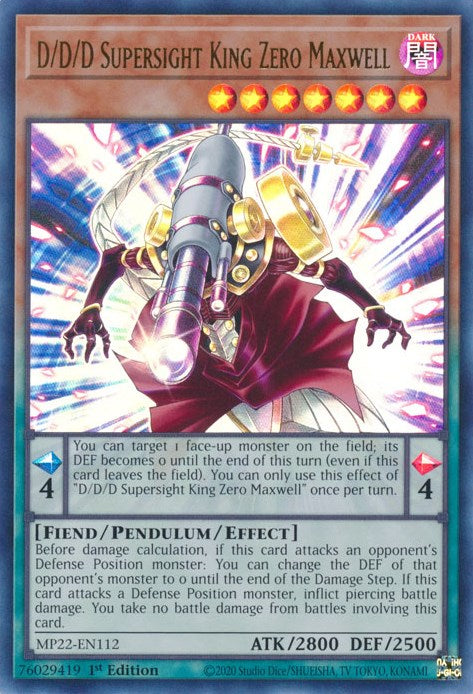 An Ultra Rare "D/D/D Supersight King Zero Maxwell" card from the Yugioh 2022 Tin of the Pharaoh's Gods set (MP22).