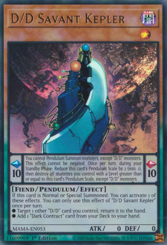 An Ultra Rare "D/D Savant Kepler" card from the Yugioh Set: Magnificent Mavens (MAMA).