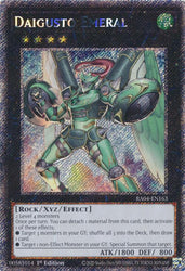 A Platinum Secret Rare "Daigusto Emeral" card from the Yugioh Set: Quarter Century Stampede (RA04).