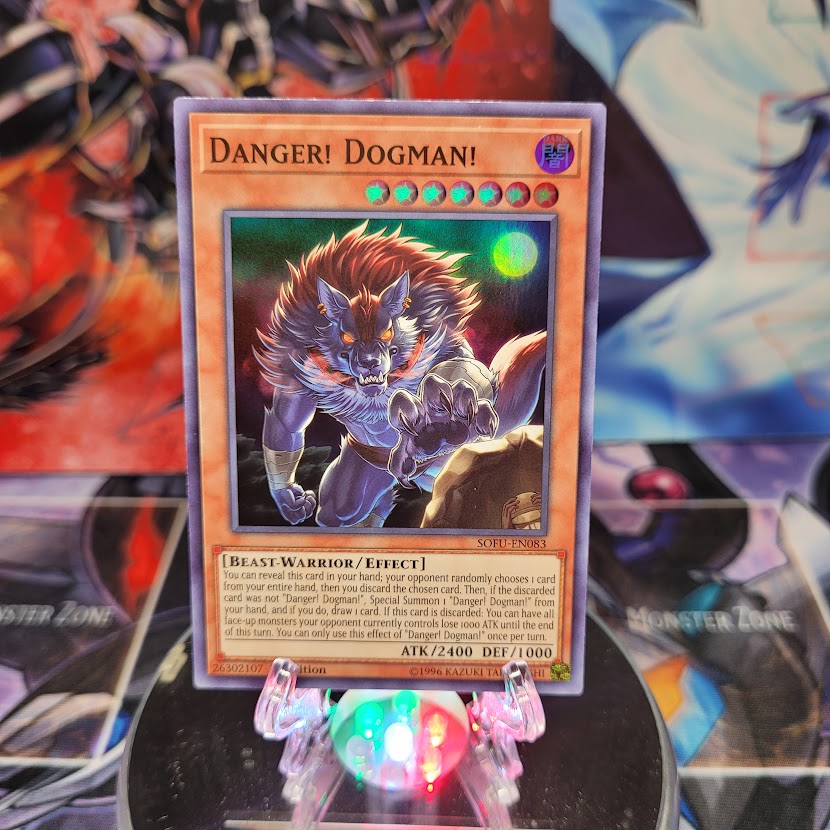 A Super Rare "Danger! Dogman!" card from the Yugioh Set: Soul Fusion.